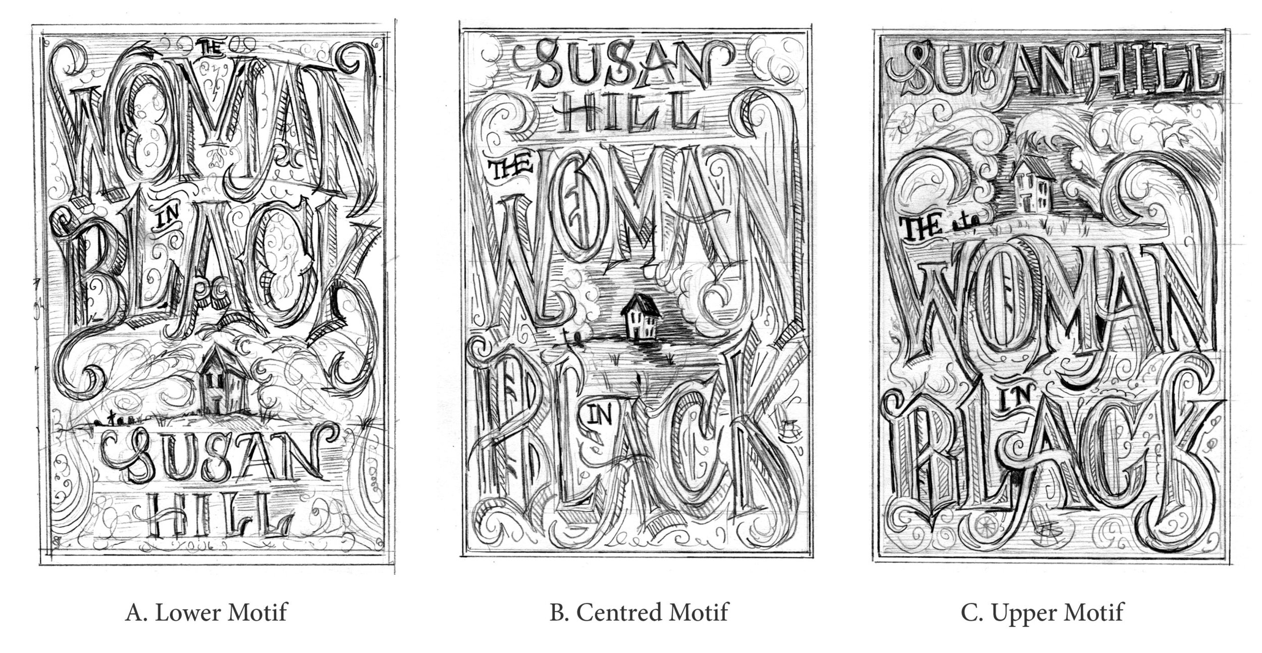 The Woman in Black Cover Illustration Sketches | Design by Jamie Clarke Type