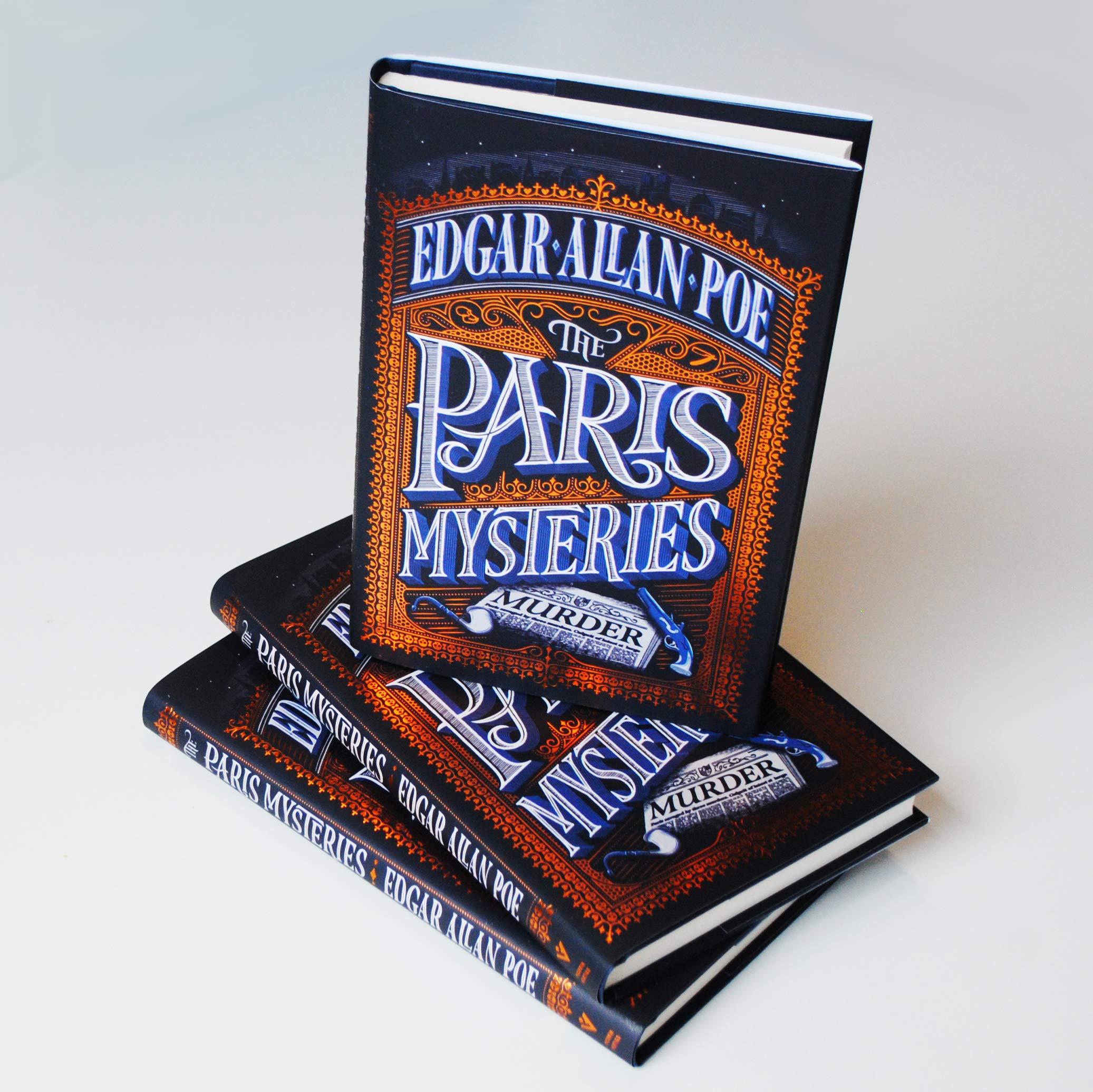 Edgar Allan Poe, Paris Mysteries, illustration, lettering, book pile | Jamie Clarke Type