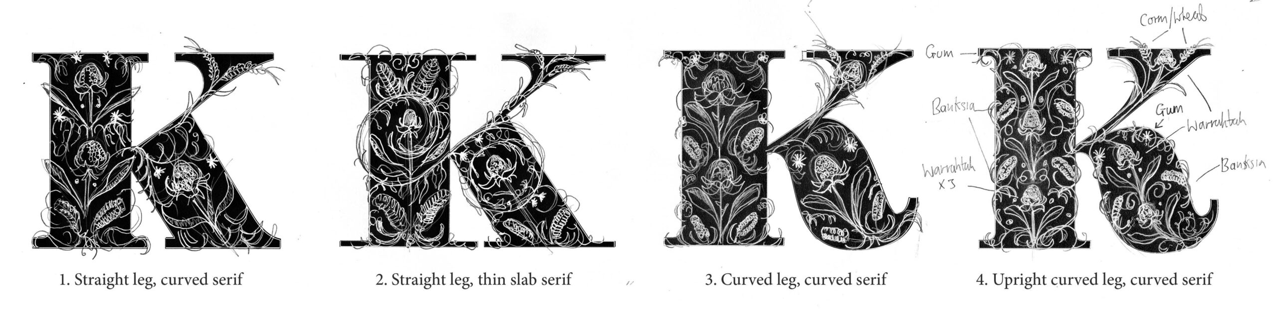 Kelmscott K lettering sketches | Jamie Clarke Type