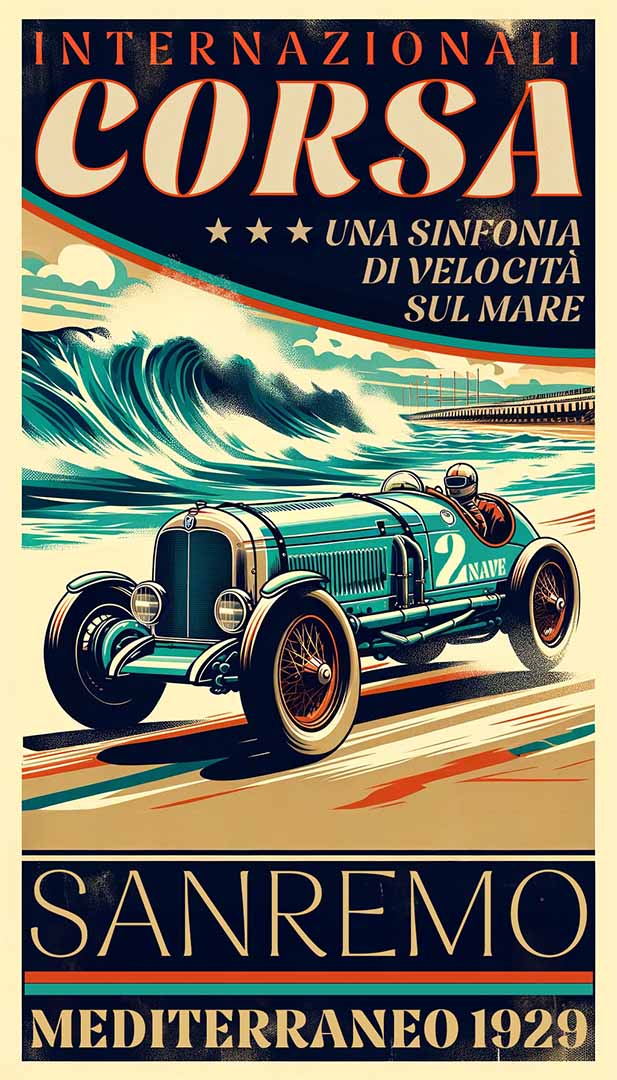 Nave Typeface specimen example. Monaco style racing poster, retro, 1920s, 1930s style, Italy