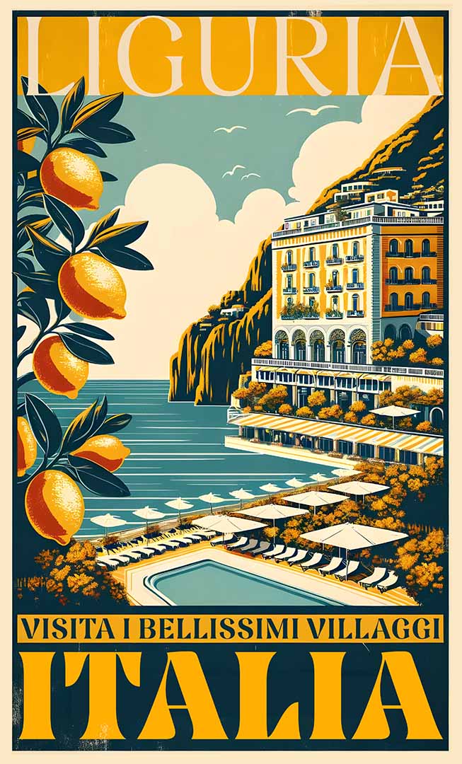 Nave Typeface specimen example. Italian riviera 1920's 1930's style, Lemons, hotel,Italy