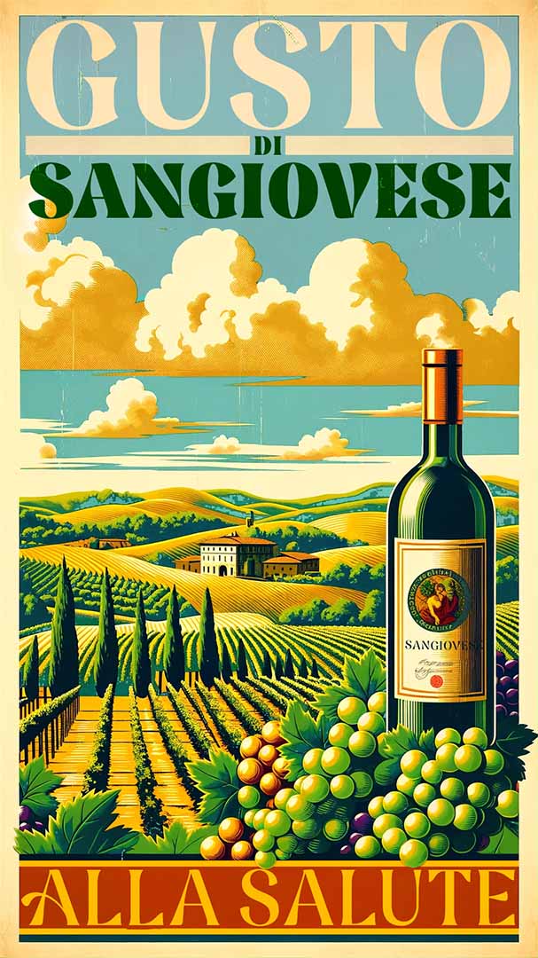 Nave Typeface specimen example. Tuscan wine poster, retro style, Italy